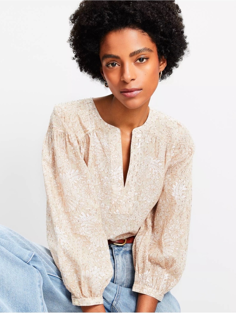 LOFT Cream Floral Split-Neck Pintuck Blouse